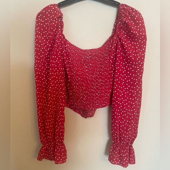 SBetro red hearts valentines 💘 date night blouse long sleeve smocked back XL - Picture 4 of 5